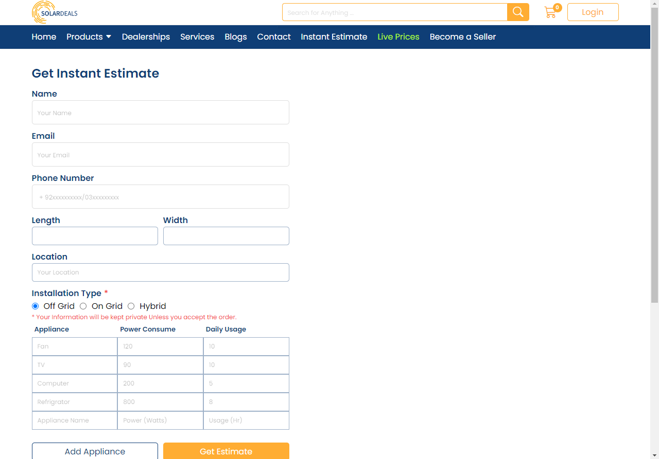 Solardeals Instant Estimate
